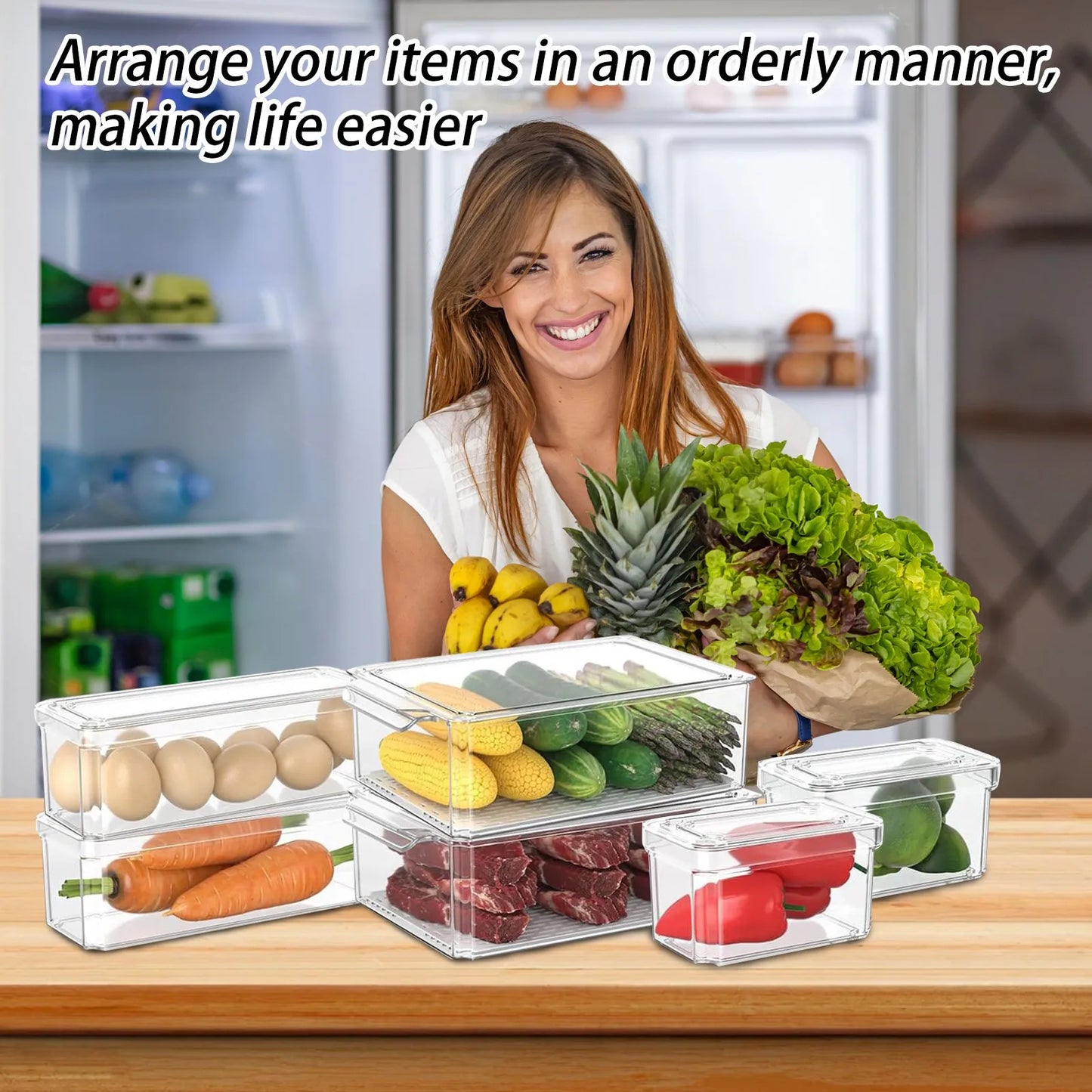 New Refrigerator Organizer Bin Stackable Fridge Food Storage Box With Handle Clear Plastic Pantry Food Freezer Organizer Tool