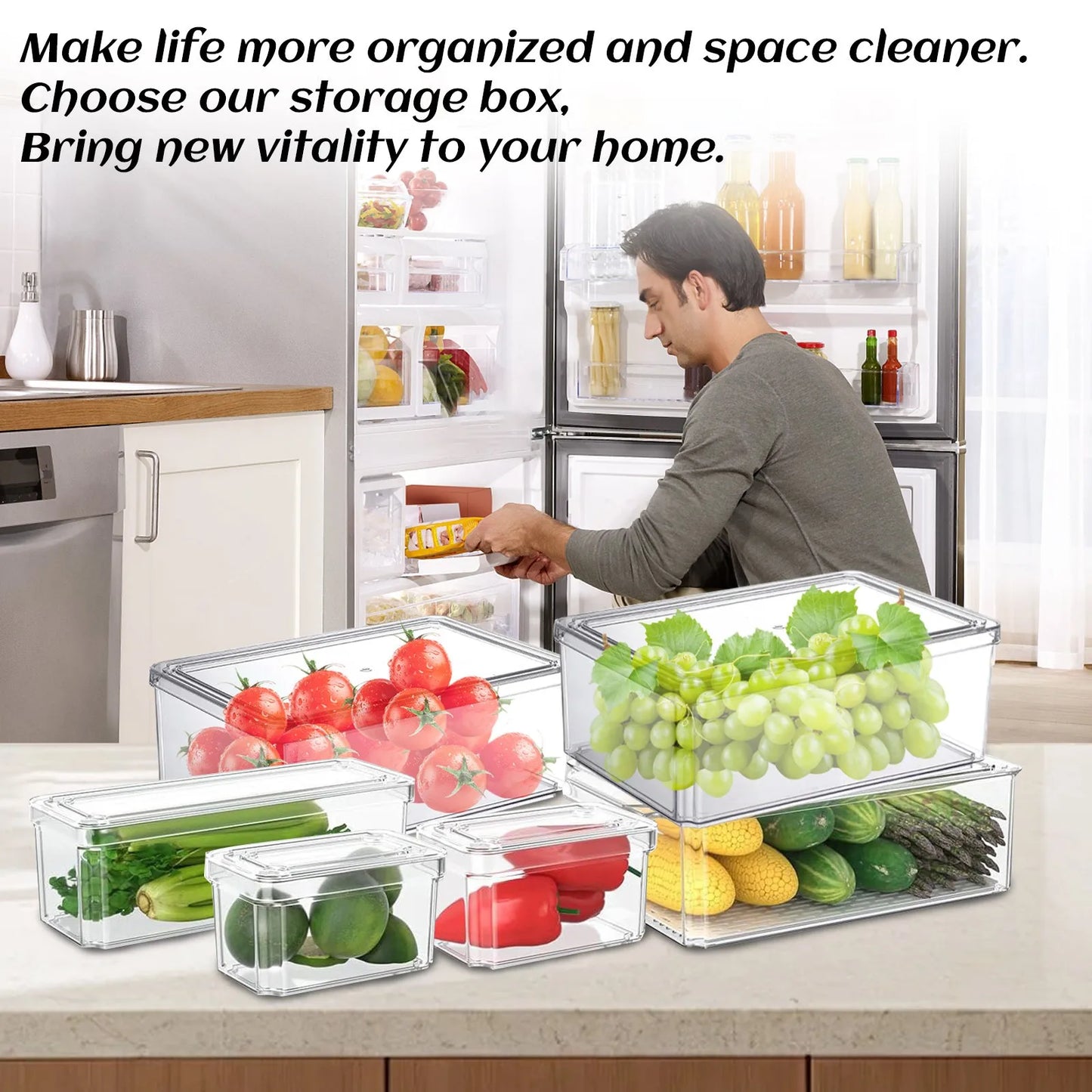 New Refrigerator Organizer Bin Stackable Fridge Food Storage Box With Handle Clear Plastic Pantry Food Freezer Organizer Tool