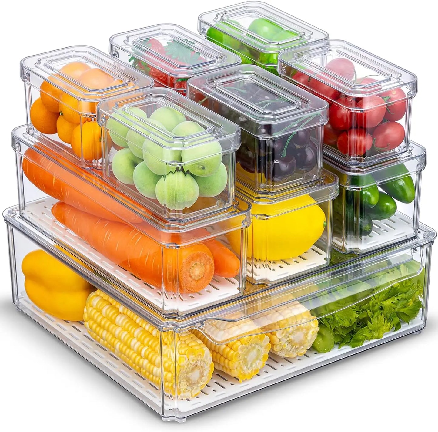 10 Pack Fridge Organizer and Storage, Stackable Refrigerator Organizer Bins with Lids, Clear Produce Fruit Storage Containers