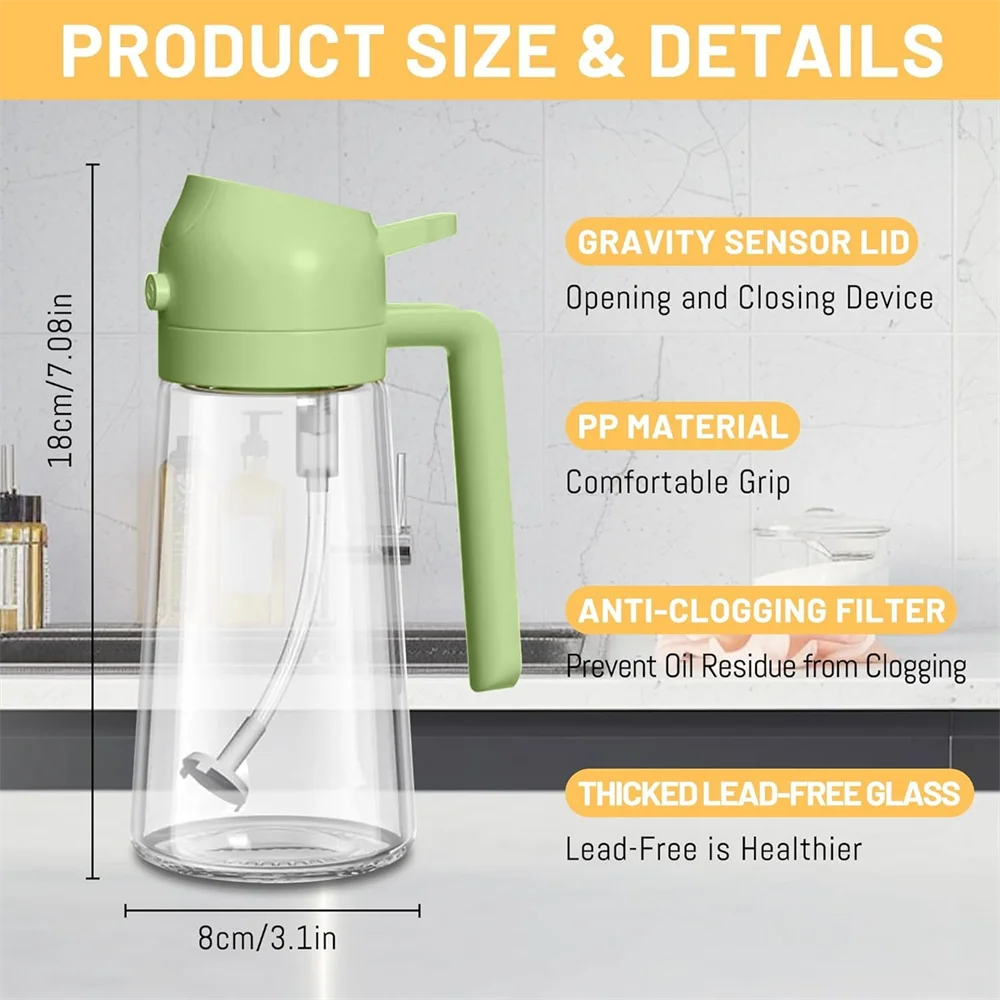 16oz/470ML Glass Oil Dispenser with Automatic Flip Lid 2in1 Kitchen Bottle,Cooking Sprayer,Leak-Proof Design,Oil Spray Bottle