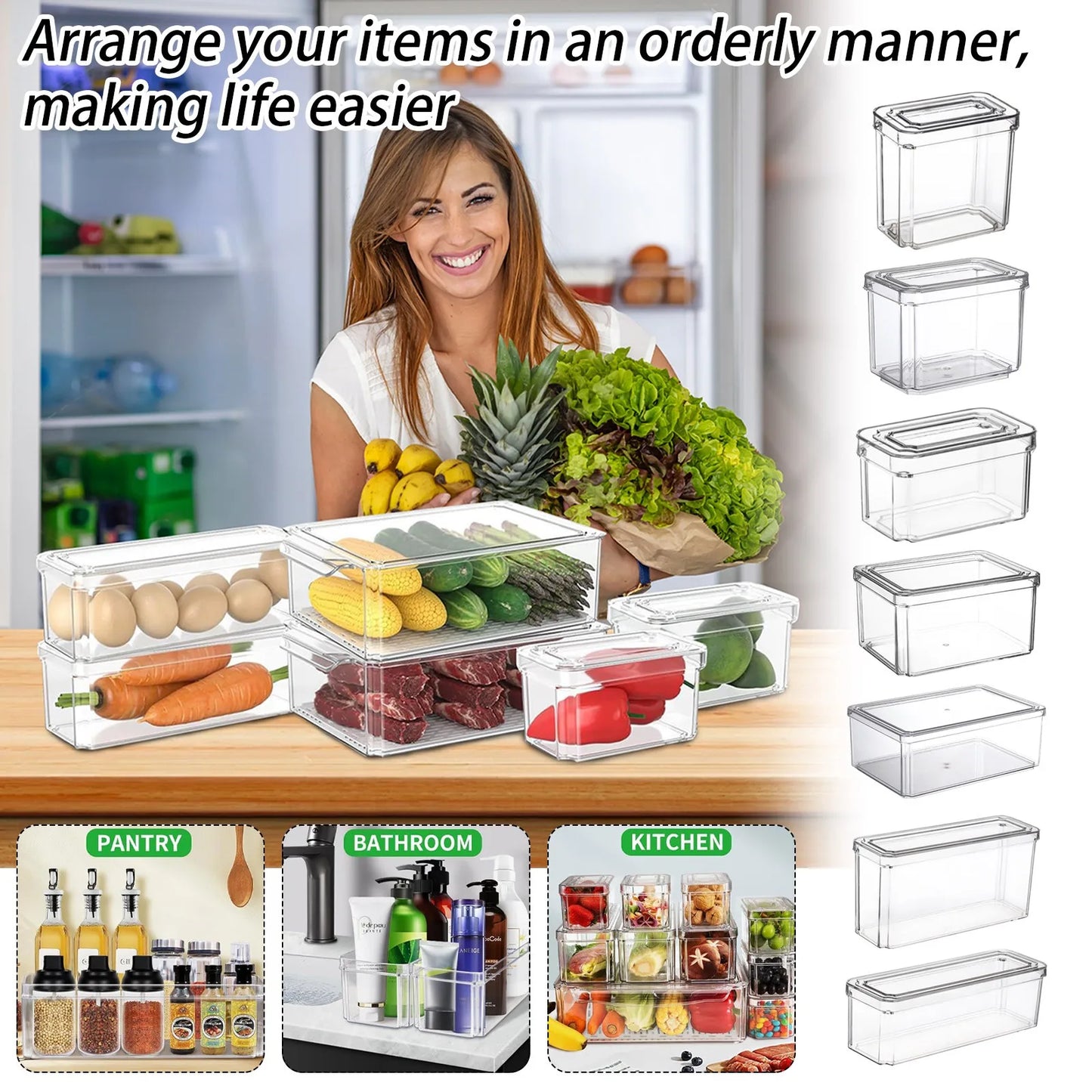 New Refrigerator Organizer Bin Stackable Fridge Food Storage Box With Handle Clear Plastic Pantry Food Freezer Organizer Tool