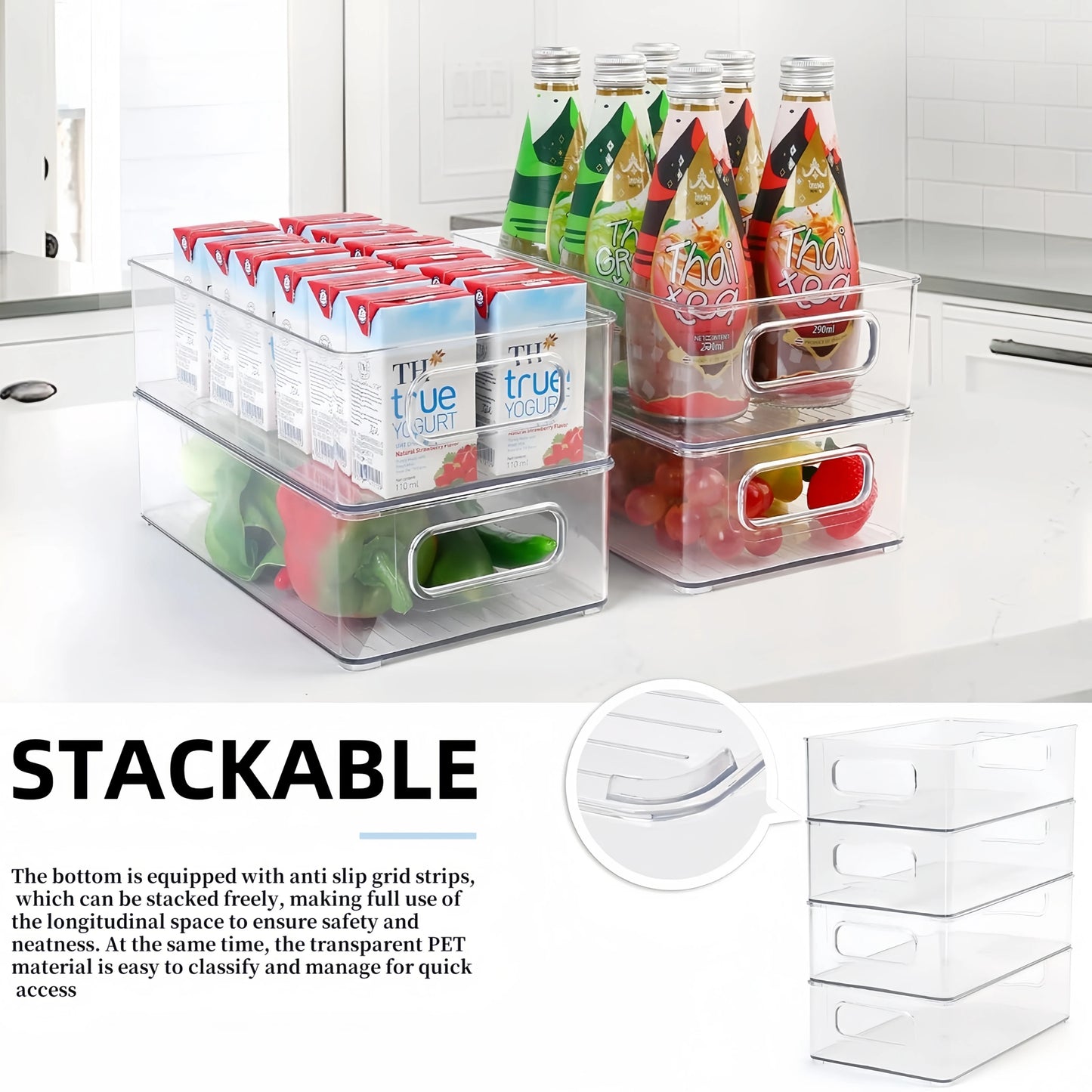 6Pcs Refrigerator Organizer Bins,Multi Functional Stackable Fridge Food Storage Box,With Handle, for Kitchen Food Drinks Storage