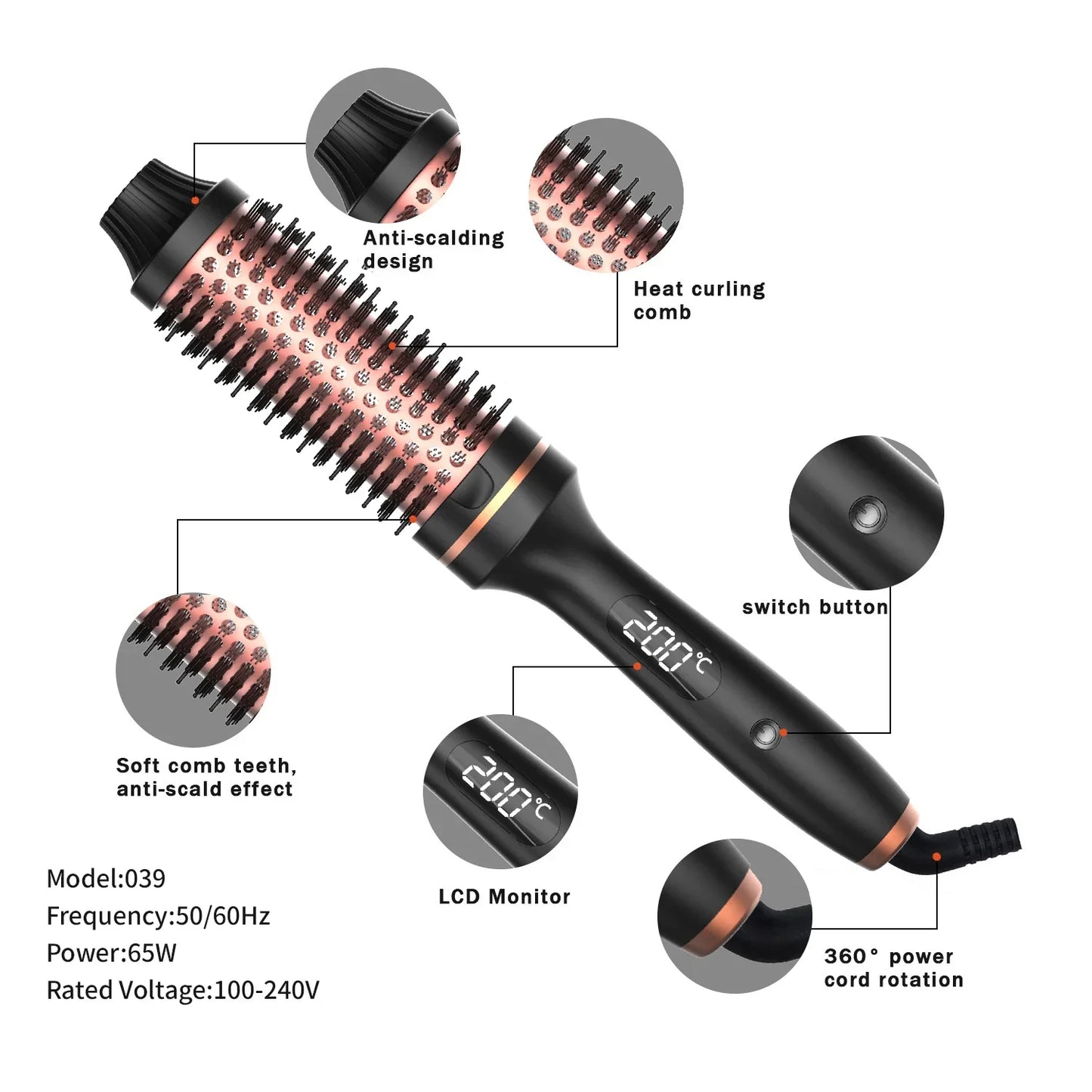 3 in 1 Heating Curling Iron Ceramic Heated Round Brush Electric Hair Straightener Brushs Professional Styling Tool