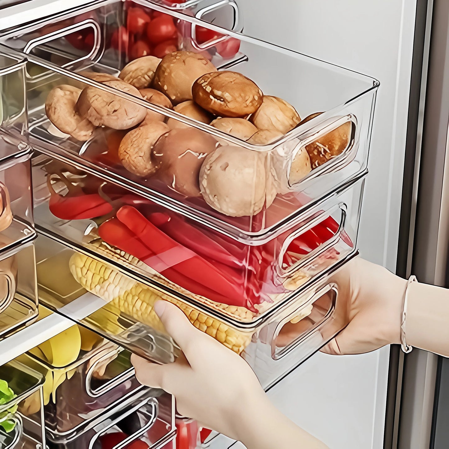 6Pcs Refrigerator Organizer Bins,Multi Functional Stackable Fridge Food Storage Box,With Handle, for Kitchen Food Drinks Storage