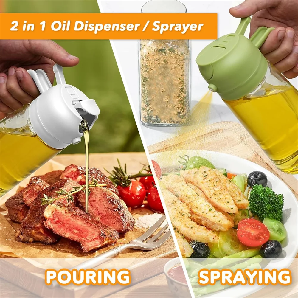16oz/470ML Glass Oil Dispenser with Automatic Flip Lid 2in1 Kitchen Bottle,Cooking Sprayer,Leak-Proof Design,Oil Spray Bottle