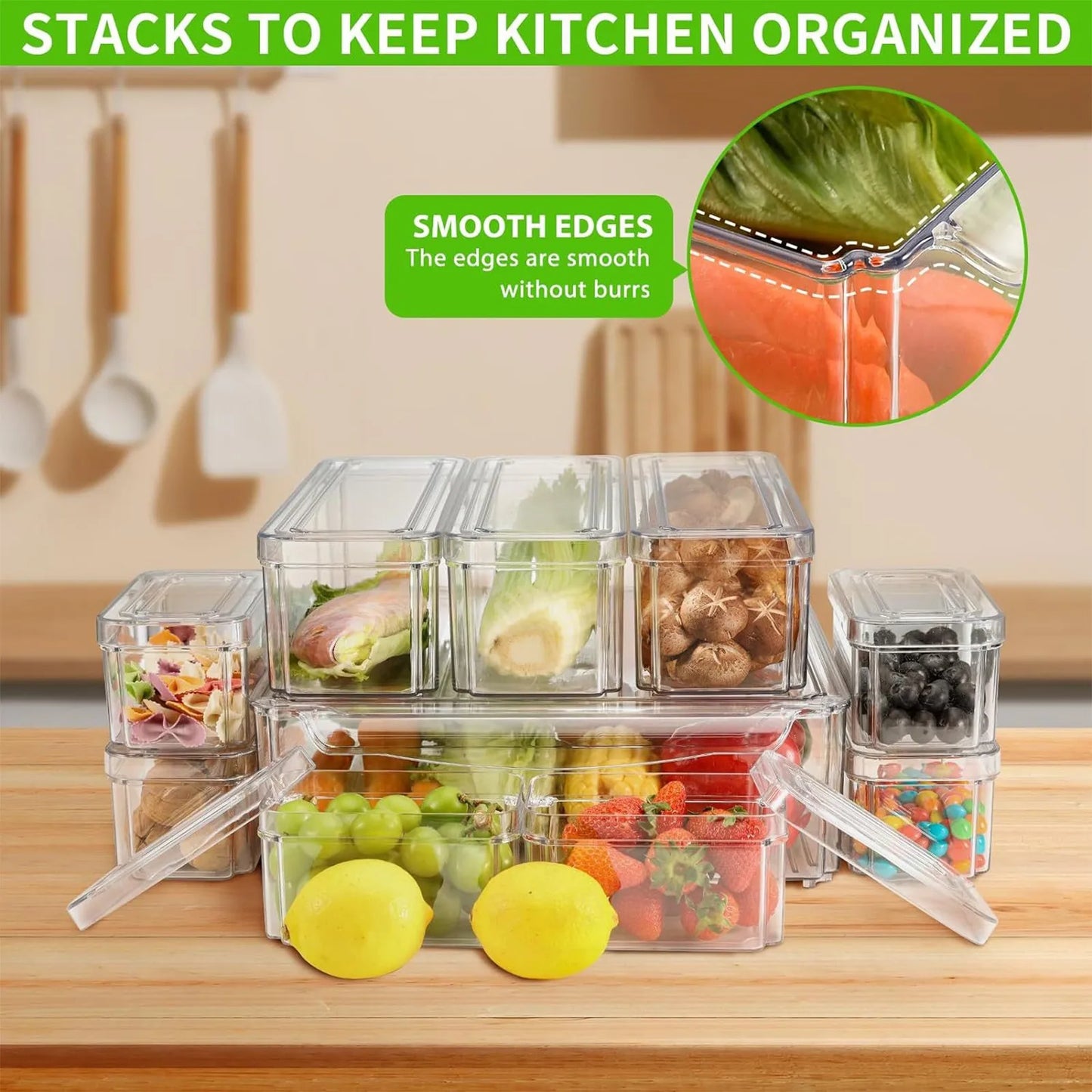New Refrigerator Organizer Bin Stackable Fridge Food Storage Box With Handle Clear Plastic Pantry Food Freezer Organizer Tool