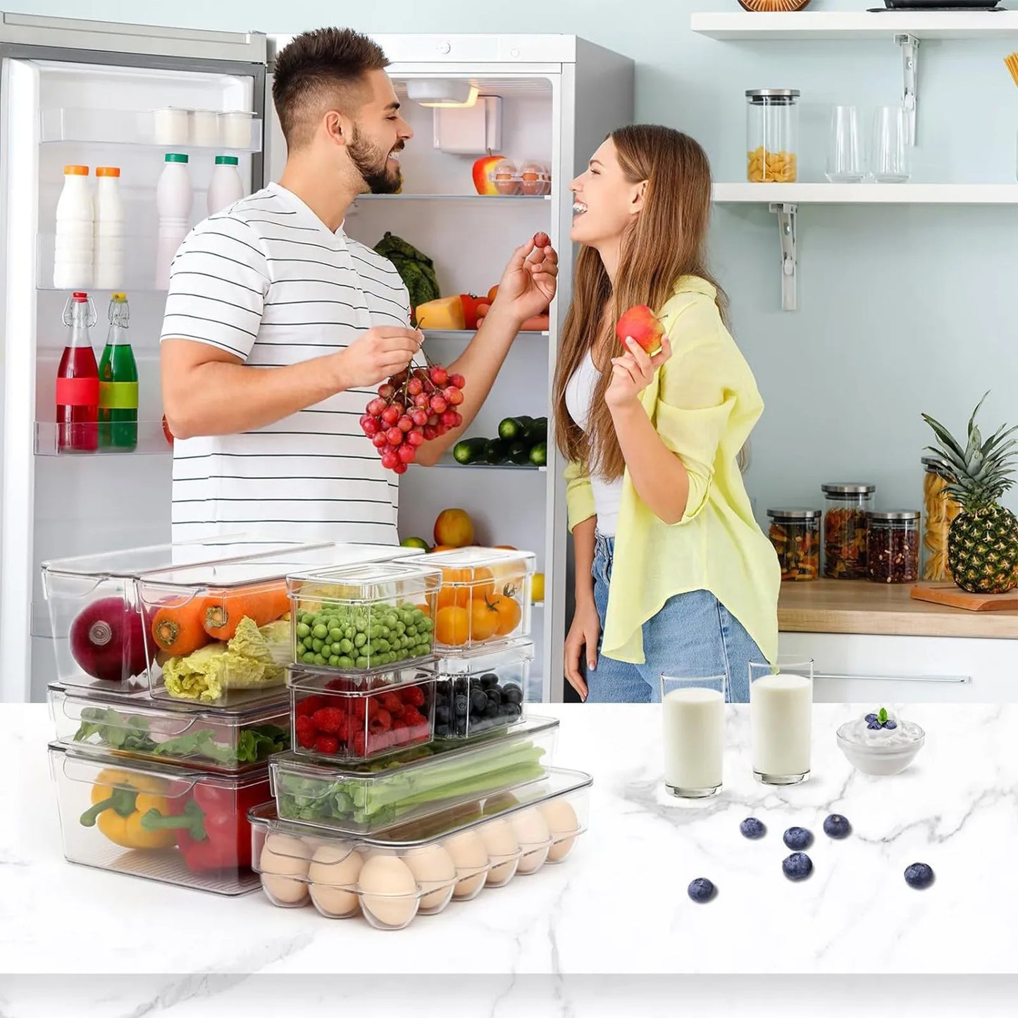 New Refrigerator Organizer Bin Stackable Fridge Food Storage Box With Handle Clear Plastic Pantry Food Freezer Organizer Tool