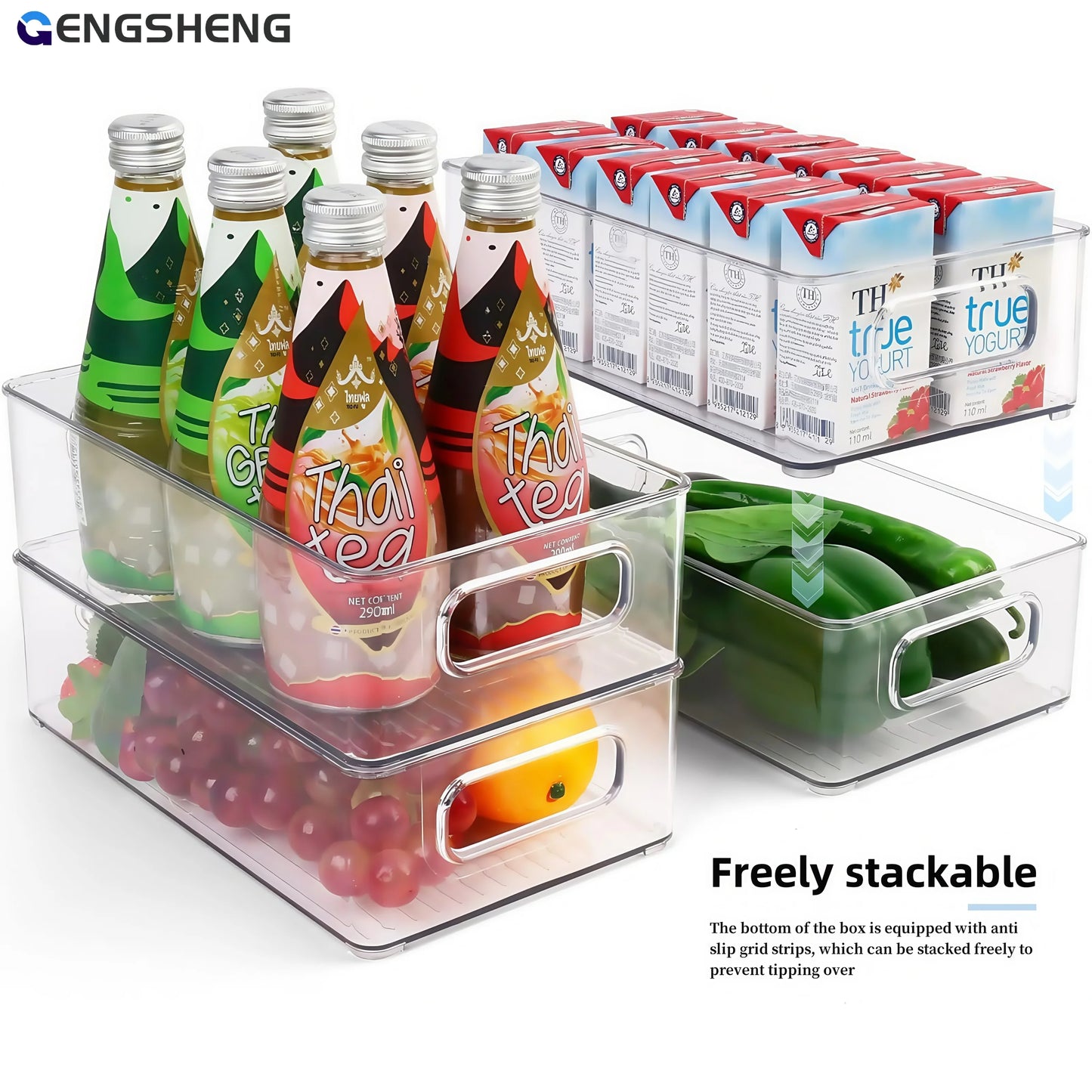 6Pcs Refrigerator Organizer Bins,Multi Functional Stackable Fridge Food Storage Box,With Handle, for Kitchen Food Drinks Storage